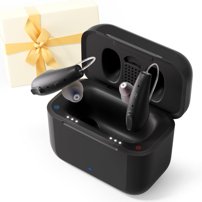 Rechargeable Hearing Aids with Bluetooth for Seniors with Hearing Loss, OTC Hearing Aid for Adults with Noise Cancellation, Superior Sound, Nearly Invisible, Charging Case Included
