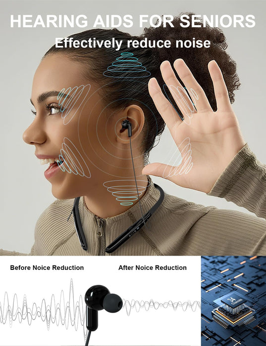 Bluetooth Hearing Aids for Seniors with Hearing Loss, Neckband Rechargeable OTC Hearing Aids for Adults with Noise Cancelling, Provide Clear Sound and Neckband Design Could Prevent Loss