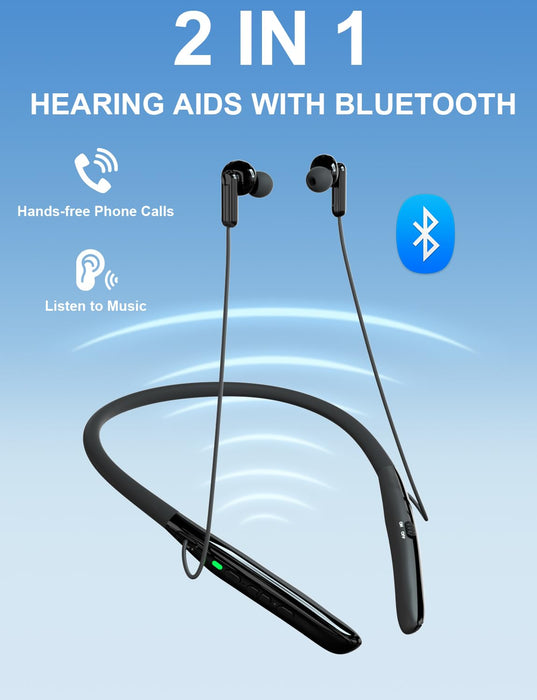 Bluetooth Hearing Aids for Seniors with Hearing Loss, Neckband Rechargeable OTC Hearing Aids for Adults with Noise Cancelling, Provide Clear Sound and Neckband Design Could Prevent Loss