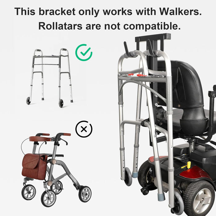 Walker Metal Bracket Hook - Scratch-Resistant Alloy Steel, Fits Walkers (Rollators are not Compatible), Compatible with Pride Mobility & Golden Technologies (1" x 1" Universal Rear Interface)