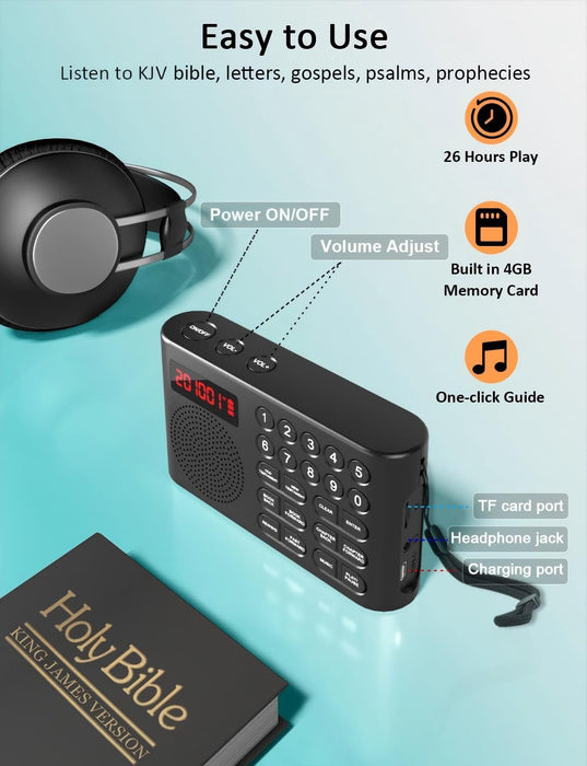 KJV Audio Bible Player for Seniors, Electronic Bible Old & New Testament in King James Version, Easy Read Talking Bible with 26H Playtime