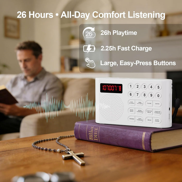 KJV Audio Bible Player for Seniors – King James Version Electronic Talking Bible for Visually Impaired/Blind, 26H Playtime, Big One-Touch Buttons, Portable Bible on Audio for Elderly