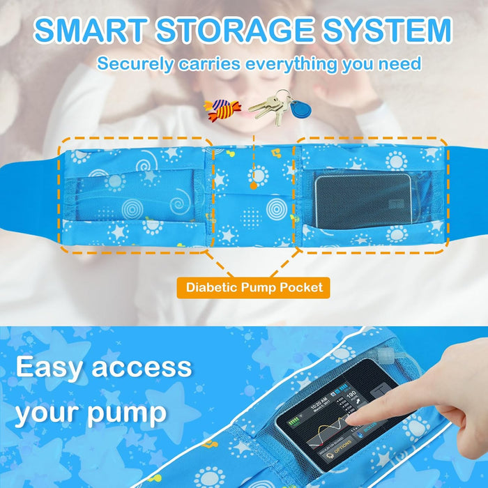 Diabetic Pump Belt for Kids - Adjustable Insulin Pump Belt for T1 Diabetics Children - Soft Sports & Sleep Waist Band with Mesh Pockets, No Buckle Strap Holder