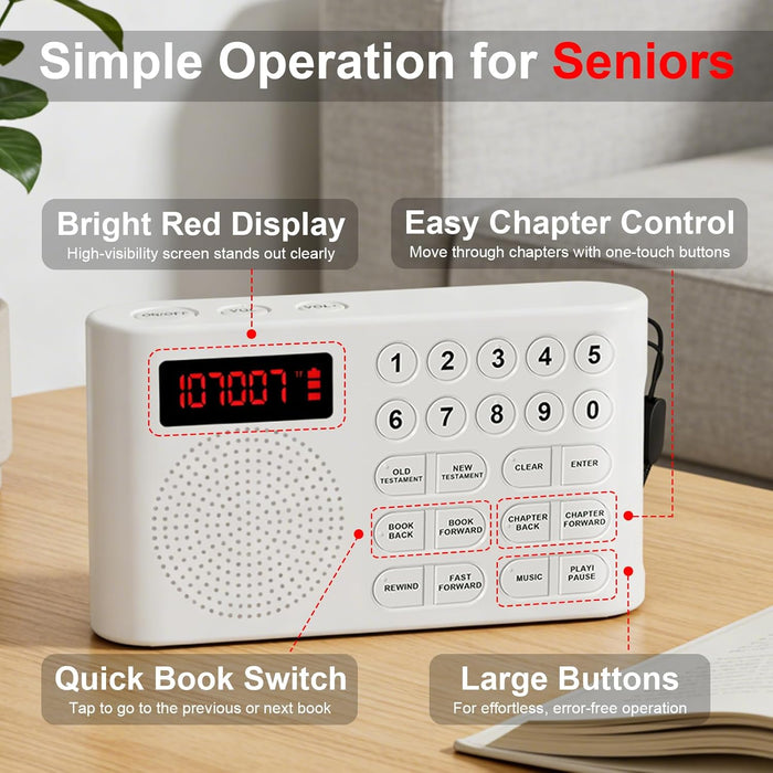 KJV Audio Bible Player for Seniors – King James Version Electronic Talking Bible for Visually Impaired/Blind, 26H Playtime, Big One-Touch Buttons, Portable Bible on Audio for Elderly