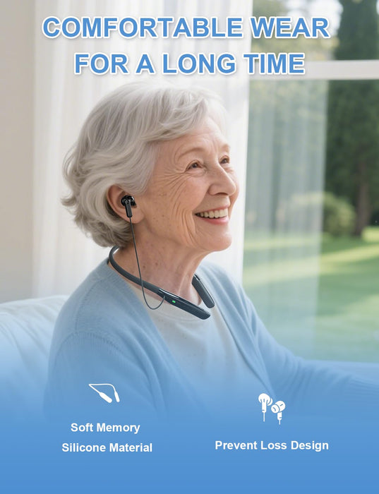 Bluetooth Hearing Aids for Seniors with Hearing Loss, Neckband Rechargeable OTC Hearing Aids for Adults with Noise Cancelling, Provide Clear Sound and Neckband Design Could Prevent Loss