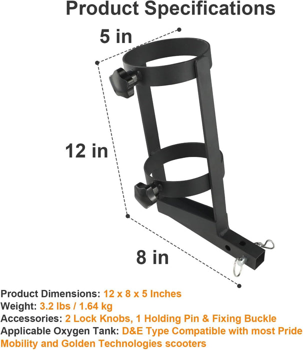 Oxygen O2 Tank Holder Metal Bracket Tank Mount - Sturdy, Fits D/M-15/E/M-24(Other Sizes Not Applicable), Compatible with Pride Mobility Scooters & Golden Technologies(1" x 1" Universal Rear Interface)
